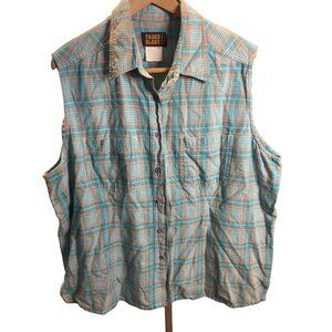 Faded Glory Blue and Orange Plaid Sleeveless Button Up Collared Top